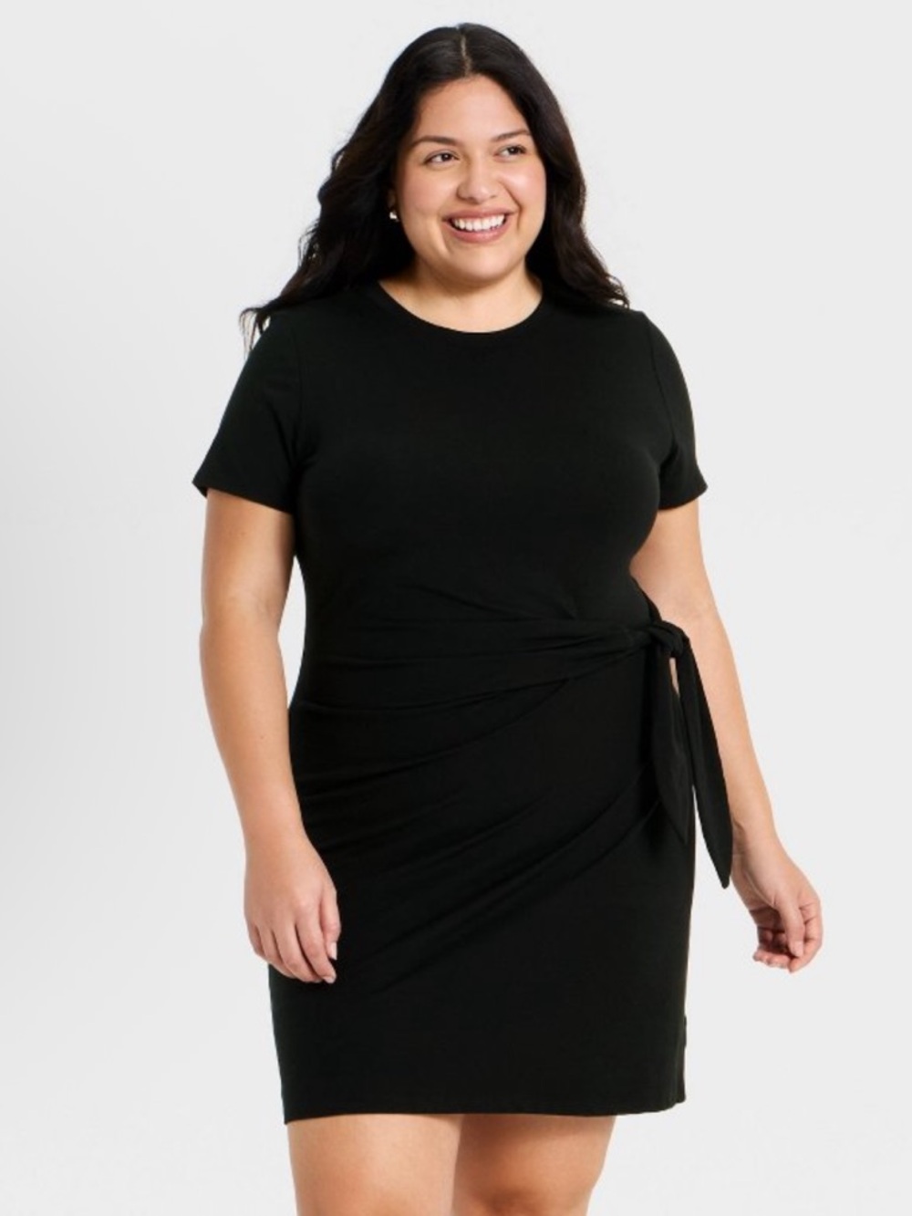 Women's Short Sleeve Tie-Front Knit Mini Dress - A New Day™ Black 1X